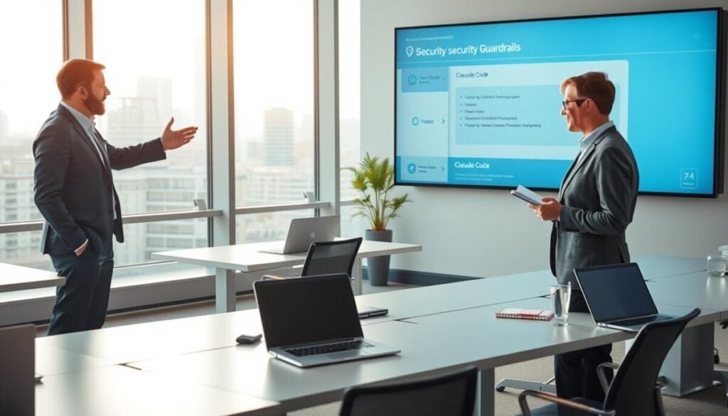 A modern office environment featuring two professionals engaged in a discussion about security guardrails in AI programming. In the foreground, one person, dressed in smart business attire, gestures towards a large digital screen displaying the Claude Code interface, highlighting its security features. The other person, also in professional clothing, takes notes, reflecting a sense of collaboration. In the middle ground, sleek desks with laptops and notepads are organized in a contemporary workspace, suggesting productivity. The background shows large windows with city skyline views, allowing soft, natural light to fill the room. The atmosphere conveys a sense of focus and innovation, with an emphasis on technology and teamwork in the context of AI security.