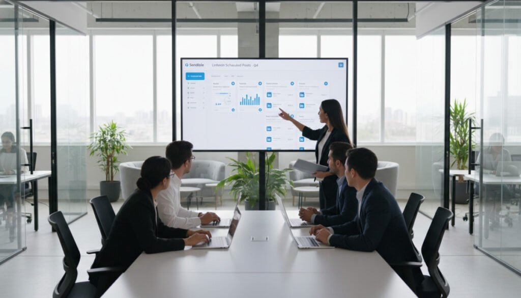 A modern office environment filled with activity focused on social media management. In the foreground, a diverse group of professionals in business attire collaboratively working at sleek laptops, exploring content scheduling tools like Sendible. In the middle, multiple screens display a vibrant dashboard filled with graphs and social media icons, showcasing posts scheduled for LinkedIn. The background features a stylish office space with large windows letting in soft, natural light, creating a bright and productive atmosphere. Soft shadows and reflections enhance the professionalism of the scene. The composition should angle slightly from above, highlighting teamwork and innovation, conveying a sense of efficiency and agency-level workflows. A modern office environment filled with activity focused on social media management. In the foreground, a diverse group of professionals in business attire collaboratively working at sleek laptops, exploring content scheduling tools like Sendible. In the middle, multiple screens display a vibrant dashboard filled with graphs and social media icons, showcasing posts scheduled for LinkedIn. The background features a stylish office space with large windows letting in soft, natural light, creating a bright and productive atmosphere. Soft shadows and reflections enhance the professionalism of the scene. The composition should angle slightly from above, highlighting teamwork and innovation, conveying a sense of efficiency and agency-level workflows.