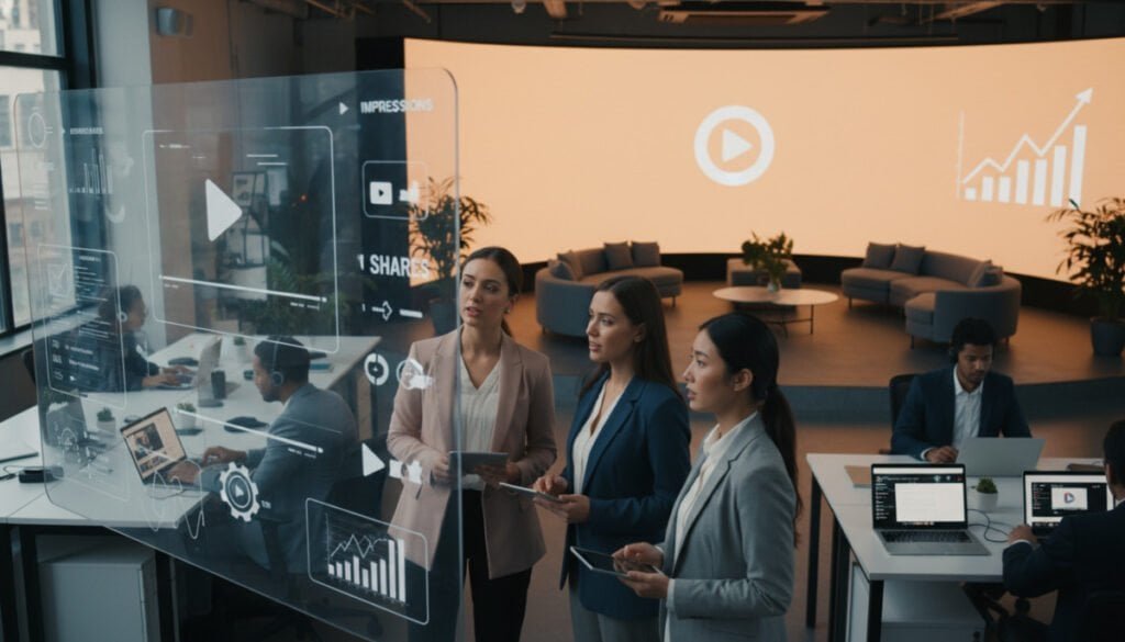 A modern office environment filled with employees actively engaging with video content on large screens. In the foreground, a diverse group of three professionals—two women and one man—are intently watching a video presentation, showcasing dynamic graphics that represent key metrics and social engagement. They are dressed in professional business attire, with bright, focused expressions. In the middle ground, sleek technology such as laptops and tablets can be seen, displaying various video platforms and content. The background features a large wall-mounted screen illuminating the room with a soft, warm glow, surrounded by contemporary decor. The lighting is bright and inviting, creating an atmosphere of innovation and collaboration, captured from a slightly elevated angle to emphasize the engagement of the team.
