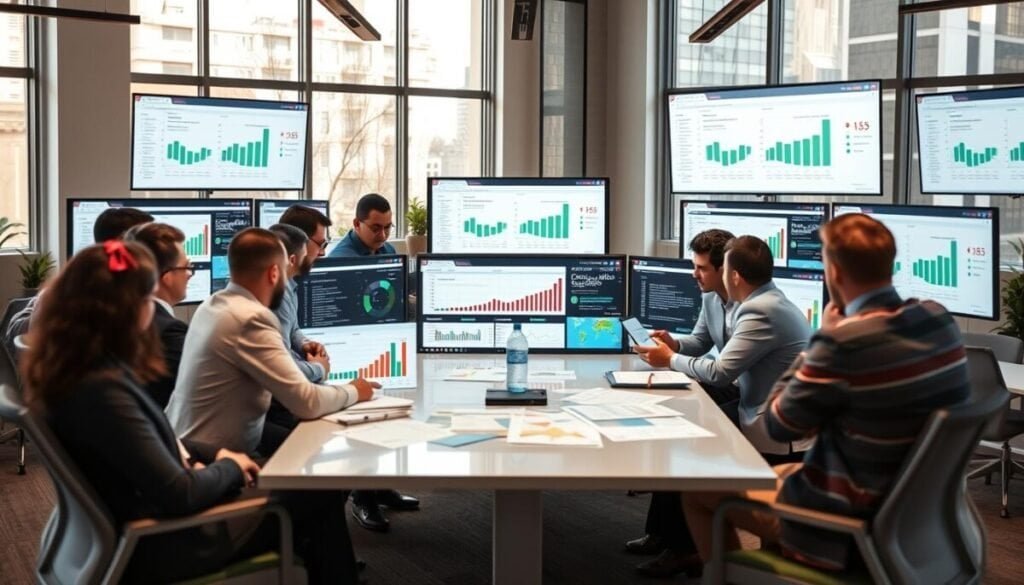 A modern office environment filled with multiple screens displaying Google Sheets and charts, each showcasing different data sources seamlessly blending together. In the foreground, a diverse group of professionals in business attire collaborate around a sleek conference table, examining the data on the screens. The middle ground features an array of colorful graphs and data visualizations emerging from the sheets, illustrating deeper analysis and insights. The background includes large windows letting in natural light, illuminating the workspace and creating a vibrant atmosphere. The scene captures a sense of teamwork and innovation, with a focus on data integration and analysis, photographed with a shallow depth of field to highlight the activity in the foreground while softly blurring the background.