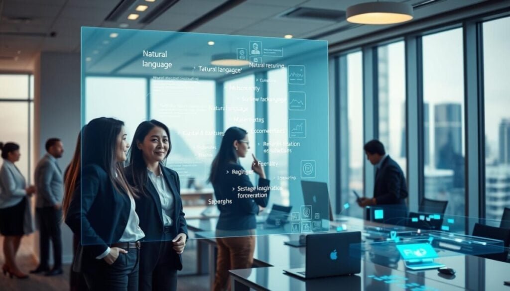 A modern office environment filled with vibrant energy, showcasing a diverse group of professionals engaged in tasks driven by natural language processing. In the foreground, two individuals—a woman in smart casual attire and a man in business graphics—are focused on a translucent screen displaying flowing natural language messages and dynamic data visualizations. In the middle ground, a sleek workstation equipped with a laptop and holographic interfaces highlights seamless workflow execution. Soft, diffused lighting illuminates the space, creating a collaborative atmosphere, while large windows in the background reveal a city skyline. The overall mood is innovative and productive, reflecting the essence of utilizing technology to solve real-world problems through natural language. A modern office environment filled with vibrant energy, showcasing a diverse group of professionals engaged in tasks driven by natural language processing. In the foreground, two individuals—a woman in smart casual attire and a man in business graphics—are focused on a translucent screen displaying flowing natural language messages and dynamic data visualizations. In the middle ground, a sleek workstation equipped with a laptop and holographic interfaces highlights seamless workflow execution. Soft, diffused lighting illuminates the space, creating a collaborative atmosphere, while large windows in the background reveal a city skyline. The overall mood is innovative and productive, reflecting the essence of utilizing technology to solve real-world problems through natural language.