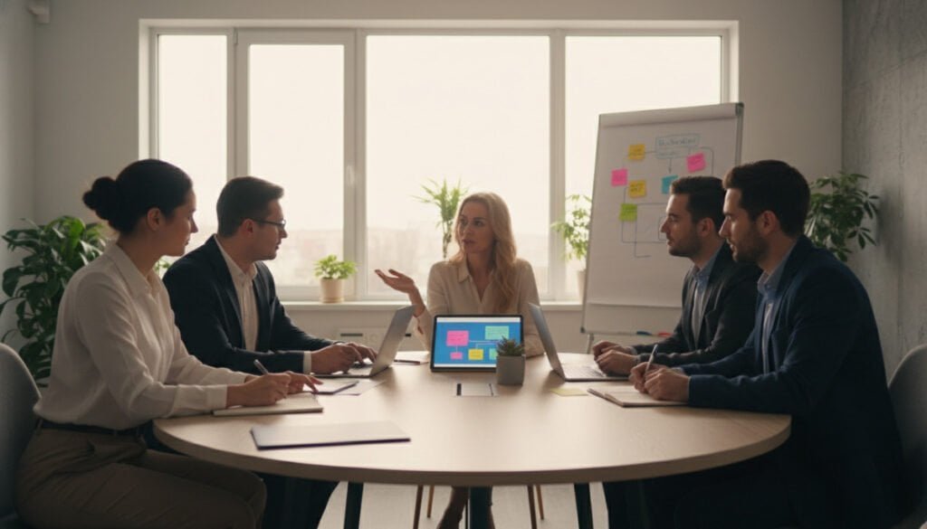 A modern office environment focused on collaborative teamwork, featuring diverse professionals engaged in a dynamic discussion around a large circular table. In the foreground, a woman in smart casual attire gestures towards a digital tablet displaying colorful workflow diagrams. To the right, a man in formal business wear is taking notes, with a laptop open in front of him. In the middle ground, a whiteboard filled with organized sticky notes reflects brainstorming ideas. The background showcases a large window with natural light streaming in, casting a warm glow over the space, and potted plants adding a touch of greenery. The atmosphere is vibrant and energetic, emphasizing teamwork and productivity, captured with a slightly elevated angle to enhance the sense of collaboration. A modern office environment focused on collaborative teamwork, featuring diverse professionals engaged in a dynamic discussion around a large circular table. In the foreground, a woman in smart casual attire gestures towards a digital tablet displaying colorful workflow diagrams. To the right, a man in formal business wear is taking notes, with a laptop open in front of him. In the middle ground, a whiteboard filled with organized sticky notes reflects brainstorming ideas. The background showcases a large window with natural light streaming in, casting a warm glow over the space, and potted plants adding a touch of greenery. The atmosphere is vibrant and energetic, emphasizing teamwork and productivity, captured with a slightly elevated angle to enhance the sense of collaboration.