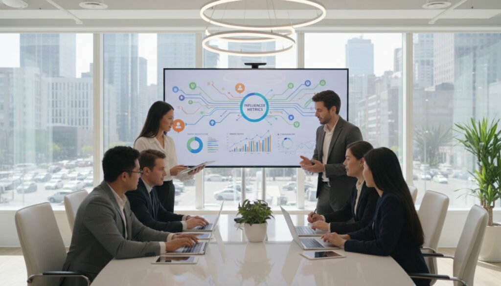 A modern office environment focused on social listening and influencer marketing. In the foreground, a diverse group of professionals dressed in business attire collaborates around a sleek conference table equipped with laptops and digital devices displaying analytics dashboards. In the middle, a large screen showcases colorful graphs and visualized social media trends, highlighting key influencer metrics. The background features a bright, airy office with large windows revealing a bustling cityscape outside. Soft, natural lighting creates a productive and inspiring atmosphere. The angle shows a dynamic view of the team engaged in discussion, illustrating the essence of partnership and collaboration in tracking trends. The scene embodies innovation and teamwork in the digital marketing landscape.