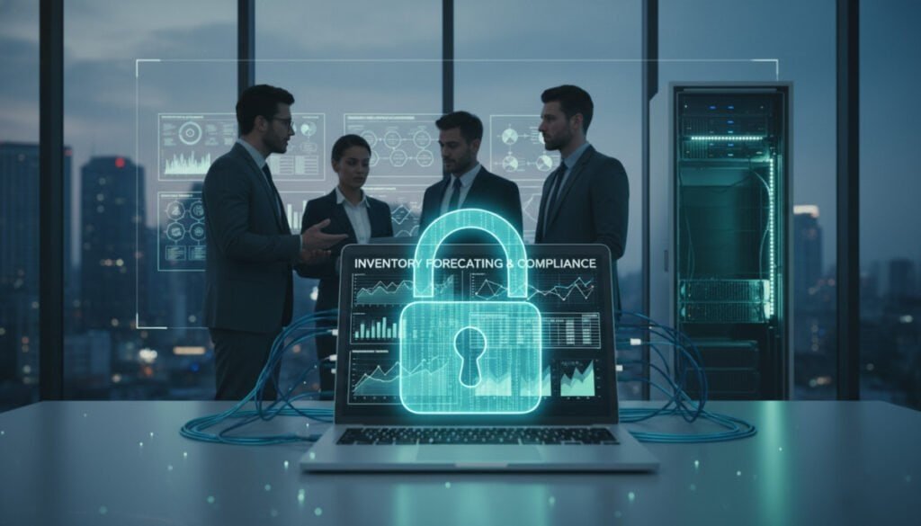 A modern office environment focusing on data security, featuring a digital lock symbol prominently in the foreground, symbolizing protection. In the middle ground, a sleek laptop displays graphs and charts related to inventory forecasting, surrounded by network cables and a glowing data server. The background should show a glass wall with a team of professionals in business attire discussing security measures, their expressions focused and serious. Soft, ambient lighting highlights the importance of the workspace, while a cool color palette of blues and greens conveys a sense of trust and security. The atmosphere feels proactive and vigilant, emphasizing the importance of compliance and robust data protection in a retail and ecommerce setting.