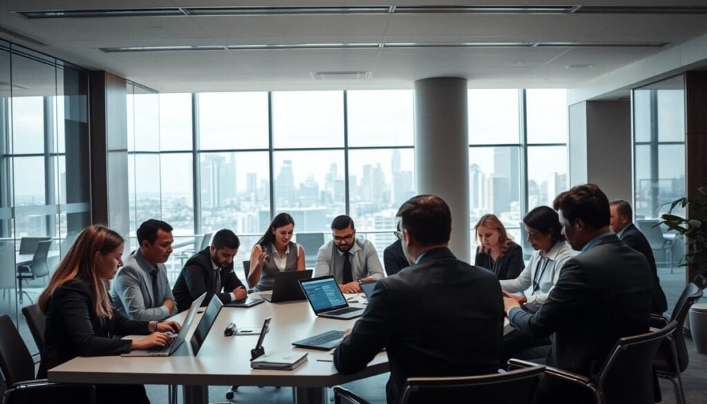 A modern office environment illustrating "Employee Access and Internal Oversight." In the foreground, a diverse group of professional individuals in business attire is engaged in discussion around a large conference table, reviewing data on laptops and tablets. The middle layer features transparent glass walls separating different office spaces, symbolizing openness and oversight. In the background, large windows let in natural light, revealing a cityscape skyline that enhances the atmosphere of professionalism. Soft, diffused lighting creates a calm yet serious mood, underscoring the importance of data privacy and access control. The angle is slightly elevated, providing a comprehensive view of the collaborative workspace while emphasizing the interaction among employees. No text, watermarks, or signs should appear in the image.