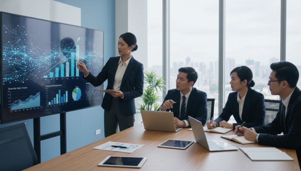 A modern office environment illustrating the transformation of raw data into actionable business insights. In the foreground, a diverse group of professionals in smart business attire gather around a digital screen displaying colorful graphs and charts, symbolizing data analysis. The middle ground features a large table with laptops and notebooks, where one person is pointing to a data visualization on a tablet, actively engaging with others. The background shows a bright, airy office with large windows letting in natural light, creating a positive atmosphere. The scene should capture a sense of collaboration and expertise, with an emphasis on innovation and strategic planning. The composition should be dynamic, shot from a slightly elevated angle to provide a comprehensive view.