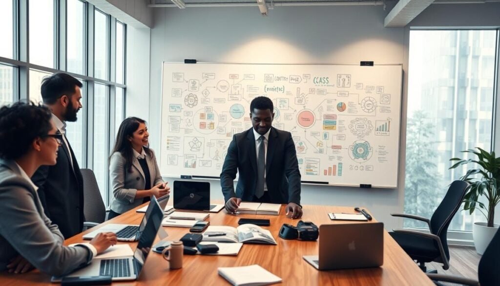 A modern office environment showcasing a collaborative meeting. In the foreground, a diverse group of three professionals, dressed in smart business attire, are engaged in a lively discussion around a large table filled with laptops, notepads, and digital devices, symbolizing "context engineered development." The middle ground features a large whiteboard filled with colorful diagrams and flowcharts depicting complex ideas, emphasizing teamwork and innovation. In the background, floor-to-ceiling windows allow soft, natural light to flood the room, creating a bright and inspiring atmosphere. The camera angle is slightly angled from above, capturing the energy of the meeting. Overall, the mood is dynamic, focused, and professional, reflecting a thriving environment of creativity and strategic thinking.