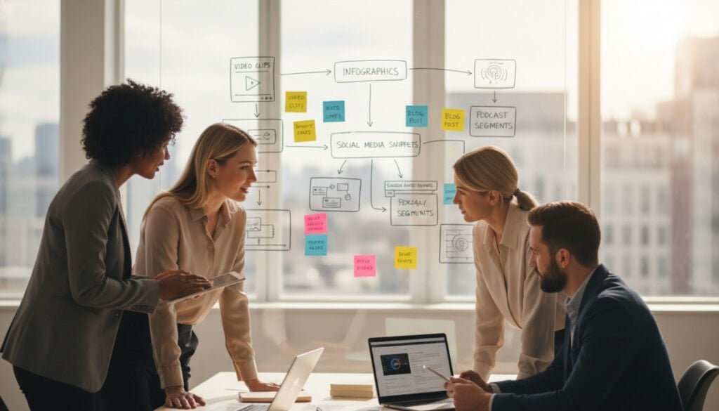 A modern office environment, showcasing a diverse group of marketing professionals engaged in a dynamic brainstorming session about content repurposing. In the foreground, a multi-ethnic team of three individuals—two women and one man—dressed in smart business attire, intently discussing, with digital devices (tablets and laptops) displaying various content formats like videos, infographics, and blogs. In the middle ground, a large whiteboard filled with colorful sticky notes and flowcharts illustrating the content repurposing process. The background features large windows with natural light streaming in, illuminating the space with a bright, collaborative atmosphere. The mood is energetic and focused, emphasizing creativity and teamwork in selecting effective tools for content repurposing. Use a professional lens with a slight depth of field to keep the focus on the team while softly blurring the background.
