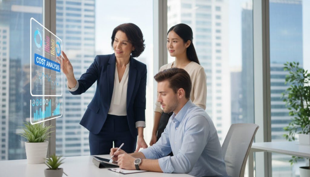 A modern office environment showcasing a diverse group of three professionals engaged in a focused discussion around a digital display screen filled with graphs and charts. In the foreground, a middle-aged woman in formal business attire points to a chart, illustrating cost analysis, while a young man in smart casual wear takes notes on a tablet. In the background, a large window reveals a city skyline under bright, natural daylight, conveying a productive and innovative atmosphere. Soft focus on the background enhances the professional vibe, creating a strong sense of teamwork and collaboration. The lighting is bright and inviting, emphasizing clarity and optimism in the workspace, symbolizing the importance of cost-effectiveness and strategic investment for teams.