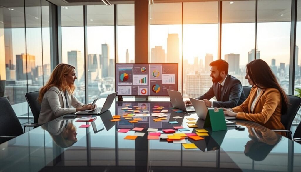 A modern office environment showcasing a diverse sales and marketing team engaged in a vibrant brainstorming session. In the foreground, a group of three professionals in business attire (two women and one man) are gathered around a high-tech conference table, illustrating collaboration and innovative ideas. They have laptops open, displaying graphs and data charts. The middle ground features a large screen with dynamic visuals related to productivity tools, while colorful sticky notes and notepads scatter the table, adding a creative touch. The background shows a glass window with a view of a bustling city skyline, bathed in warm, natural light, creating an optimistic and energetic atmosphere. Use soft lighting to enhance the professionalism of the space, capturing a professional and productive mood, with a lens focusing on the interaction among the team.