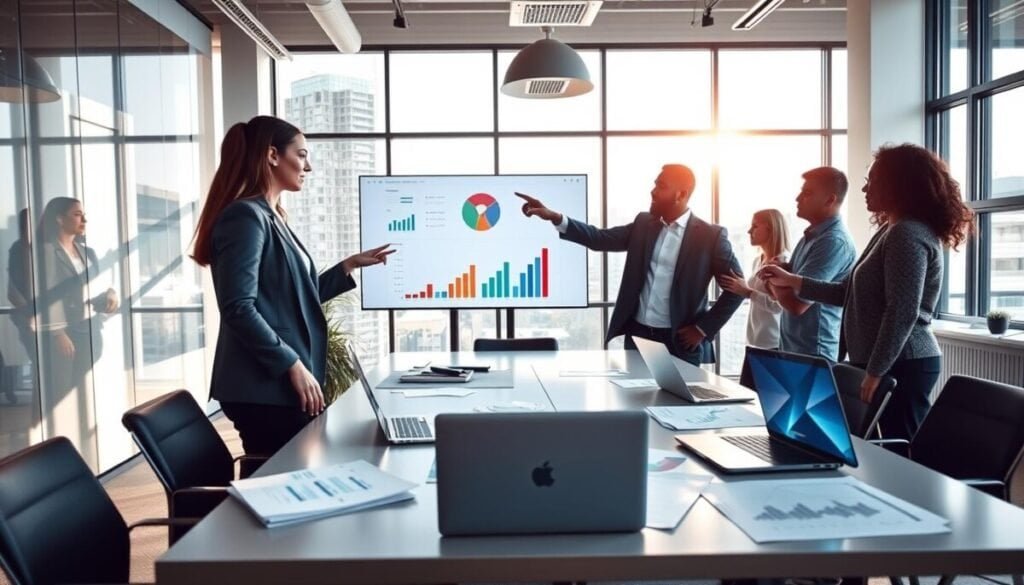 A modern office environment showcasing a diverse team of professionals engaged in portfolio analysis. In the foreground, a woman in business attire, diligently examining charts and data on a large digital screen. Beside her, a man in a smart-casual outfit points to a colorful bar graph, fostering an atmosphere of collaboration. In the middle ground, a sleek conference table with laptops and financial reports scattered about, suggesting active discussion. The background features large windows allowing natural light to flood the space, creating a bright and optimistic mood. The camera angle captures a dynamic perspective, enhancing the sense of teamwork and innovation in financial analysis. Overall, the ambience is one of professionalism and progress, emphasizing the capabilities of portfolio analysis.