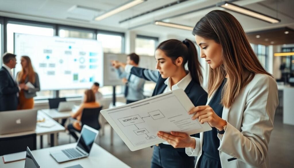 A modern office environment showcasing a diverse team of professionals (men and women) in business attire, engaged in implementing workflows. In the foreground, a focused woman is reviewing workflow diagrams on a digital tablet, while a man in the background points at a large screen displaying a flowchart of automated processes. The middle ground features desks with laptops and notes, highlighting collaboration. In the background, large windows allow natural light to flood the room, creating a bright and energetic atmosphere. The camera angle is slightly elevated, capturing the vibrancy and professionalism of the setting. Overall, the mood is one of innovation, teamwork, and efficiency, reflecting a forward-thinking workspace.
