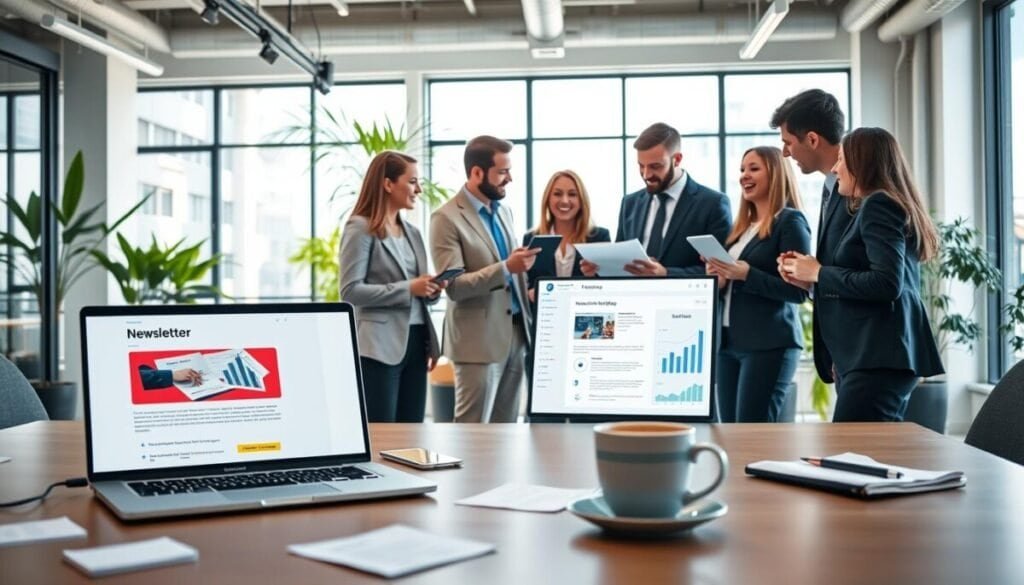 A modern office environment showcasing a dynamic newsletter workflow. In the foreground, a sleek desk features a laptop displaying a colorful email template, surrounded by scattered notes and a coffee cup. In the middle ground, a team of diverse professionals dressed in smart business attire collaborates enthusiastically, exchanging ideas while analyzing graphs and data on a digital screen. The background reveals a bright, open workspace with large windows streaming in natural light, adorned with green plants for a fresh atmosphere. Use soft, warm lighting to create an inviting mood, with a focus on clarity and detail in the professionals' interactions. Capture the energy of productivity and teamwork, emphasizing innovation in automated processes.