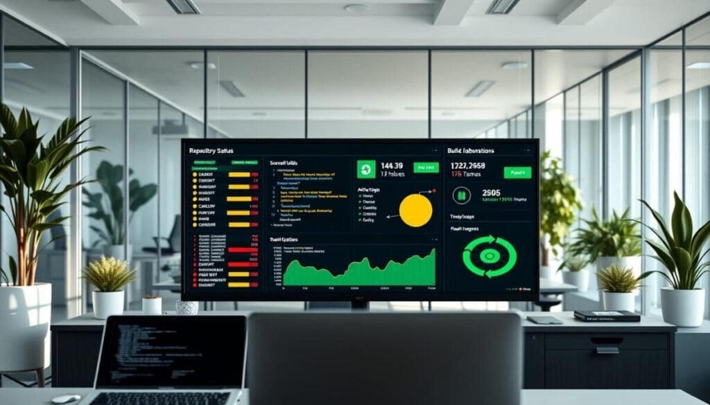 A modern office environment showcasing a large digital display board that visualizes repository build status for a CI/CD pipeline. In the foreground, a computer desk with a sleek laptop and a few open code windows can be seen. In the middle ground, the digital screen displays vibrant, color-coded indicators: green for successful builds, yellow for warnings, and red for failures, accompanied by graphical representations of build progress and team collaboration stats. The background features minimalistic office elements like potted plants and glass walls, allowing natural light to flood the space. The mood conveys a sense of dynamic productivity and teamwork, captured in a professional, well-lit atmosphere from a slightly elevated angle to emphasize the teamwork aspect. A modern office environment showcasing a large digital display board that visualizes repository build status for a CI/CD pipeline. In the foreground, a computer desk with a sleek laptop and a few open code windows can be seen. In the middle ground, the digital screen displays vibrant, color-coded indicators: green for successful builds, yellow for warnings, and red for failures, accompanied by graphical representations of build progress and team collaboration stats. The background features minimalistic office elements like potted plants and glass walls, allowing natural light to flood the space. The mood conveys a sense of dynamic productivity and teamwork, captured in a professional, well-lit atmosphere from a slightly elevated angle to emphasize the teamwork aspect.