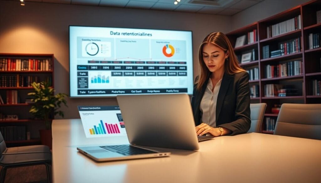 A modern office environment showcasing a large digital display showing data retention timelines, with a professional-looking woman in business attire analyzing the information. In the foreground, a sleek desk with a laptop open, displaying visual graphs and pie charts related to data privacy. The middle ground features the digital display, vibrant with graphs, timelines, and key data retention policies, illuminated by soft, ambient lighting. In the background, shelves lined with books about cybersecurity and data protection, creating a scholarly atmosphere. The overall mood is focused and informative, emphasizing clarity and professionalism, with warm hues to invite optimism and trust in data privacy practices. The angle captures a slightly elevated view, providing a comprehensive look at the subject matter. A modern office environment showcasing a large digital display showing data retention timelines, with a professional-looking woman in business attire analyzing the information. In the foreground, a sleek desk with a laptop open, displaying visual graphs and pie charts related to data privacy. The middle ground features the digital display, vibrant with graphs, timelines, and key data retention policies, illuminated by soft, ambient lighting. In the background, shelves lined with books about cybersecurity and data protection, creating a scholarly atmosphere. The overall mood is focused and informative, emphasizing clarity and professionalism, with warm hues to invite optimism and trust in data privacy practices. The angle captures a slightly elevated view, providing a comprehensive look at the subject matter.