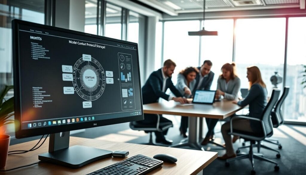 A modern office environment showcasing a sleek computer workstation as the foreground, featuring a high-resolution monitor displaying a complex diagram of the model context protocol integrating external storage. In the middle ground, a diverse group of professionals dressed in business attire collaborates around a conference table, pointing at a digital tablet with important data visualizations. The background reveals a bright, airy office space with large windows letting in natural light, casting soft shadows. The atmosphere is focused and innovative, emphasizing teamwork and technology. A subtle lens flare highlights the screen, enhancing the overall ambiance of high-tech integration and collaboration without any text or distractions.