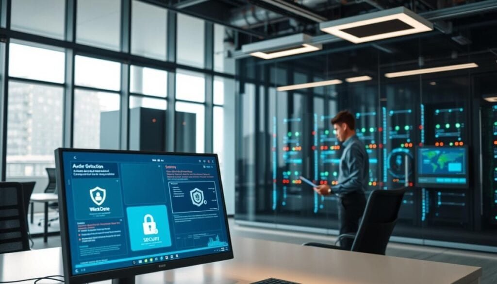 A modern office environment showcasing a sophisticated array of security controls and employee access management systems. In the foreground, a sleek desk featuring dual monitors displays user authentication processes and security alerts, while a professional-looking employee in business attire analyzes data. The middle ground includes a high-tech server room visible through glass walls, with blinking lights and network equipment symbolizing robust data protection. In the background, large windows allow natural light to flood the space, creating an inviting and secure atmosphere. The lighting is soft yet bright, enhancing the sense of professionalism and security. The overall mood conveys trust and efficiency in managing employee access while ensuring data safety. A modern office environment showcasing a sophisticated array of security controls and employee access management systems. In the foreground, a sleek desk featuring dual monitors displays user authentication processes and security alerts, while a professional-looking employee in business attire analyzes data. The middle ground includes a high-tech server room visible through glass walls, with blinking lights and network equipment symbolizing robust data protection. In the background, large windows allow natural light to flood the space, creating an inviting and secure atmosphere. The lighting is soft yet bright, enhancing the sense of professionalism and security. The overall mood conveys trust and efficiency in managing employee access while ensuring data safety.