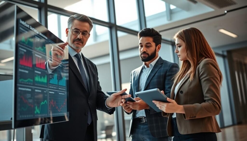 A modern office environment showcasing a team of diverse professionals engaged in a discussion about intelligent exit detection systems. In the foreground, a middle-aged man in a sharp business suit is pointing to a digital display board filled with colorful graphs and data visualizations related to exit detection metrics. Next to him, a young woman in smart casual attire takes notes on her tablet, visibly intrigued. The background features large windows with natural light pouring in, emphasizing a sleek, high-tech workspace. The atmosphere is collaborative and forward-thinking, with soft shadows and highlights enhancing the dynamic yet professional mood. The angle captures the details of their interaction while subtly suggesting the complex technology they are discussing.