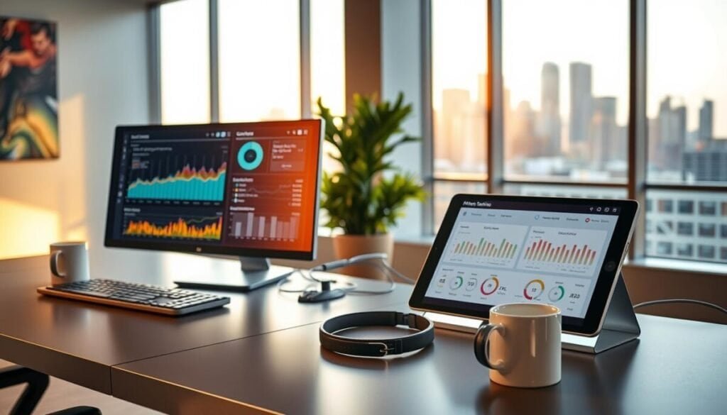 A modern office environment showcasing a variety of monitoring tools on sleek desks. In the foreground, a high-resolution computer screen displays colorful data graphs and metrics, illuminated by warm, ambient lighting. A digital dashboard with real-time analytics is prominently featured. In the middle ground, another desktop features a tablet showing cloud service performance with clear icons and indicators. A pair of stylish headphones and a coffee mug add a casual touch. In the background, a large window allows natural light to flood the room, revealing a city skyline, symbolizing operational efficiency and connectivity. Soft shadows create a professional yet inviting atmosphere, emphasizing the theme of technology-driven productivity. The overall composition is sharp and focused, ideal for a tech-savvy audience.