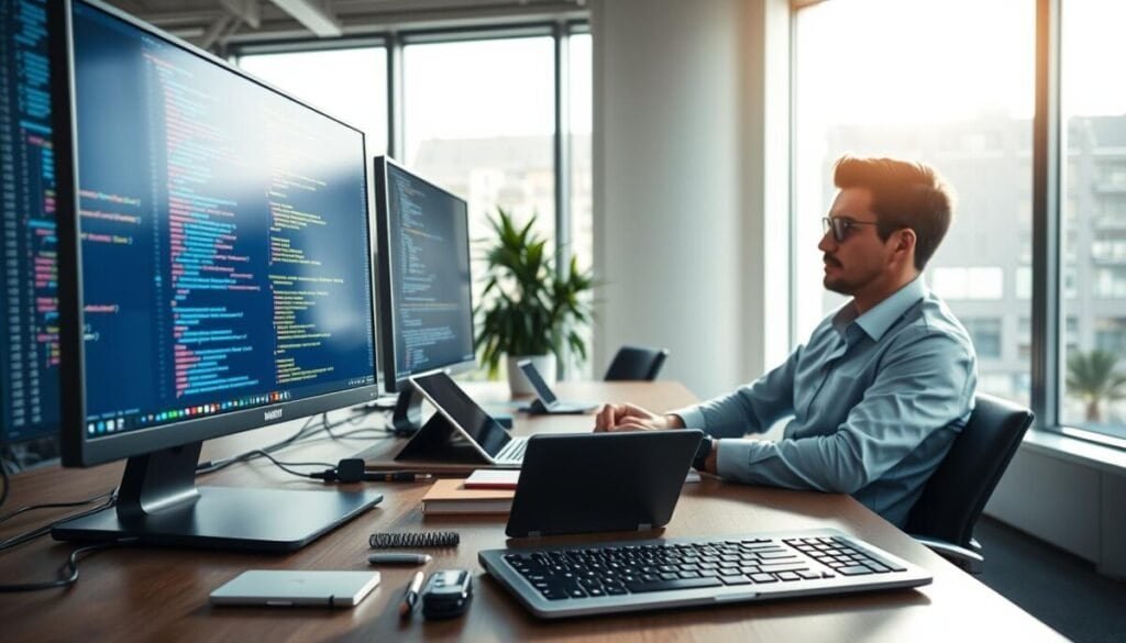 A modern office environment showcasing an integrated IDE experience. In the foreground, a sleek computer screen displays a vibrant coding interface, with colorful syntax highlighting and neatly arranged code blocks. A professional individual, dressed in smart casual attire, sits focused at the desk, intently reviewing their work. In the middle, various tools and gadgets are creatively arranged—tablets, notebooks, and a sleek keyboard—to emphasize a collaborative workflow. The background features large windows with natural light pouring in, illuminating the workspace. Soft shadows create a calm and inspiring atmosphere, suggesting productivity and creativity. The scene captures a sense of innovation and seamless integration, highlighting the advantages of a comprehensive IDE experience.