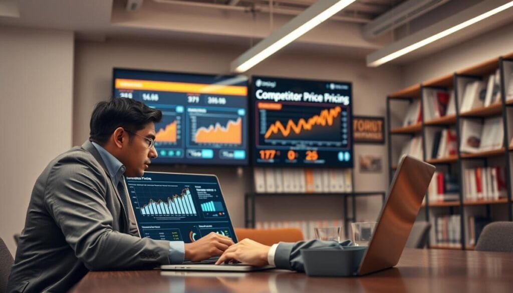 A modern office environment showcasing competitor pricing surveillance in action. In the foreground, a focused professional wearing business attire is intently analyzing data on a laptop, with graphs and charts displayed on the screen reflecting price comparisons. In the middle ground, a large digital display shows real-time analytics and competitor pricing trends, glowing softly in a warm color palette. The background features shelves lined with industry reports and market analysis books, enhancing the atmosphere of research and strategy. Soft LED lighting creates a sophisticated ambiance, while a slight overhead angle brings depth to the scene, suggesting a sense of ongoing activity and dedication in the ever-evolving world of e-commerce. The mood is serious yet innovative, highlighting the importance of monitoring competitors effectively.