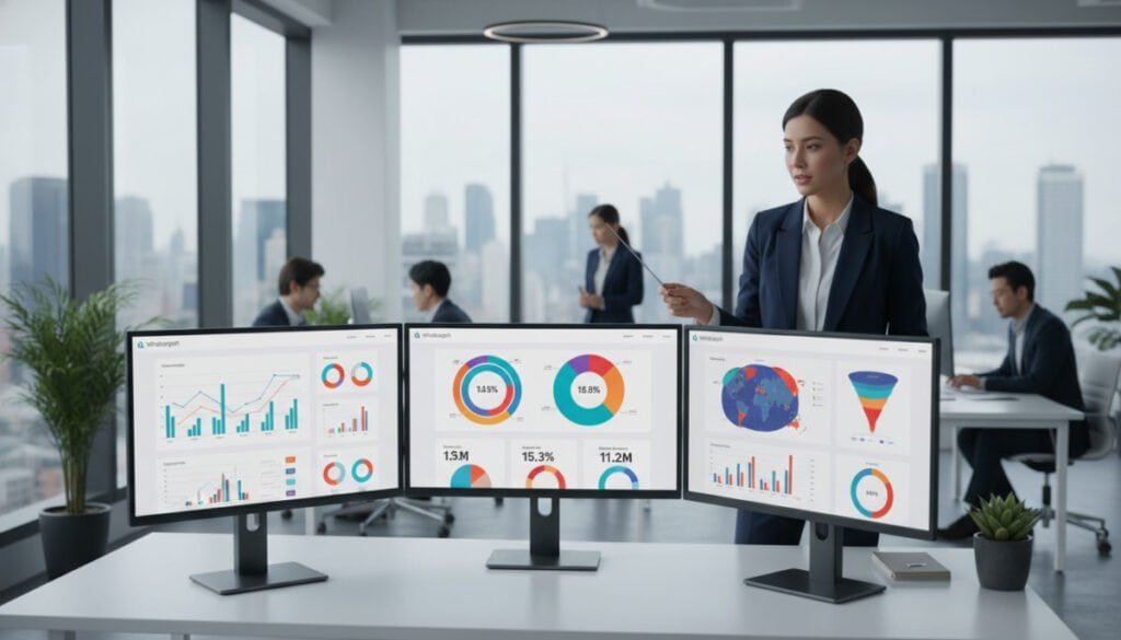 A modern office environment showcasing multiple Whatagraph dashboards on sleek, high-resolution monitors. In the foreground, a professional analyst in business attire analyzes data trends, pointing towards the screens. The middle layer features three large, colorful dashboards displaying various analytics such as graphs, pie charts, and KPIs. The background includes a panoramic view of a city skyline through large windows, bathed in natural light that creates a productive atmosphere. The lighting is bright and clear, emphasizing the vibrant colors of the data visualizations. The overall mood conveys efficiency, innovation, and high-tech professionalism, ideal for a marketing agency setting.