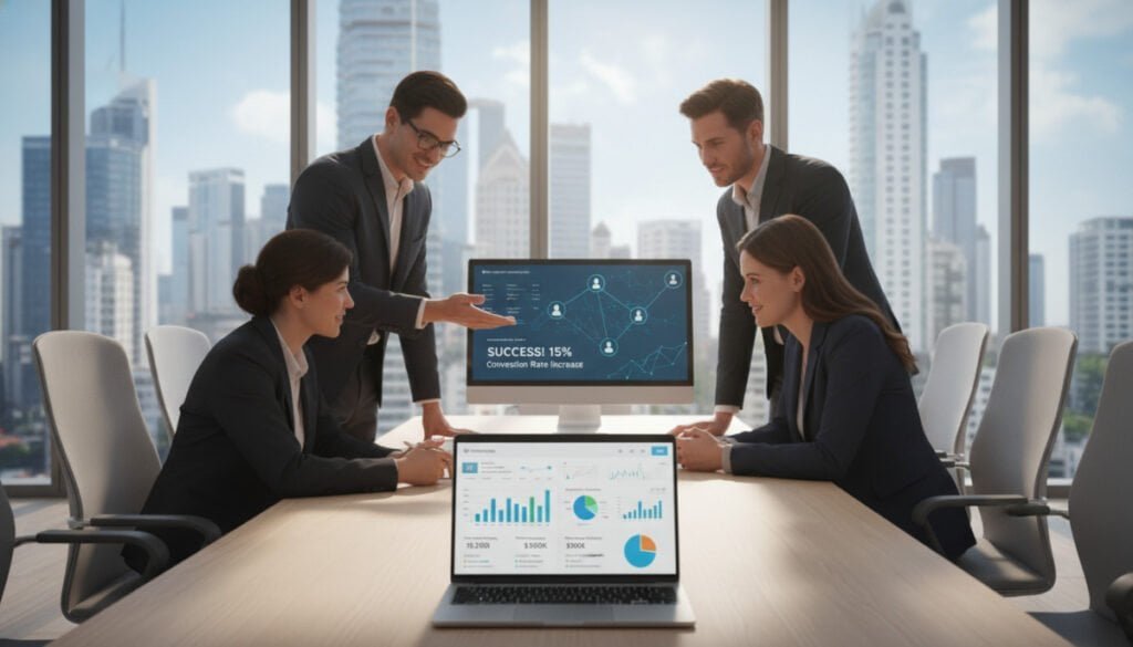 A modern office environment showcasing referral marketing software in action. In the foreground, a stylish laptop displays a user-friendly dashboard filled with colorful graphs and analytics related to referral programs. A diverse group of professionals in smart business attire collaborates around the laptop, pointing at the screen and discussing strategies. In the middle, an elegant glass conference table is surrounded by ergonomic chairs, with a sleek monitor showing a successful referral campaign's metrics in real-time. In the background, large windows reveal a bright city skyline, enhancing the atmosphere of innovation and enterprise. The scene is illuminated by soft, natural lighting that creates a productive and optimistic mood, emphasizing the importance of referral marketing in the success of enterprise brands. A modern office environment showcasing referral marketing software in action. In the foreground, a stylish laptop displays a user-friendly dashboard filled with colorful graphs and analytics related to referral programs. A diverse group of professionals in smart business attire collaborates around the laptop, pointing at the screen and discussing strategies. In the middle, an elegant glass conference table is surrounded by ergonomic chairs, with a sleek monitor showing a successful referral campaign's metrics in real-time. In the background, large windows reveal a bright city skyline, enhancing the atmosphere of innovation and enterprise. The scene is illuminated by soft, natural lighting that creates a productive and optimistic mood, emphasizing the importance of referral marketing in the success of enterprise brands.