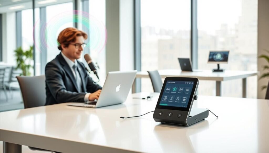 A modern office environment showcasing two distinct workstations for dictation. In the foreground, a professional individual in business attire sits at a sleek desk, focused on a laptop, using voice-to-text software. The person is using a high-quality microphone, with sound waves visually represented as colorful arcs above. In the middle ground, there's another workstation featuring a specialized dictation tool, showcasing its advanced features and a digital touch screen displaying voice commands. The background features soft natural lighting filtering through large windows, accentuating the clean, minimalistic design of the office. The atmosphere is dynamic yet calm, emphasizing productivity and innovation in speech recognition technology.