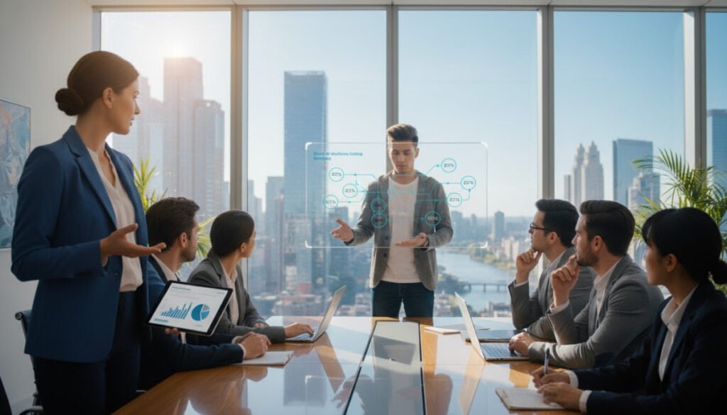 A modern office environment with a diverse group of professionals working collaboratively around a large table, discussing strategies for scaling an AI workforce. In the foreground, a middle-aged woman in smart business attire points to a digital tablet displaying workforce analytics. In the middle ground, a young man in casual but professional clothing is presenting on a screen with data visuals. The background features floor-to-ceiling windows revealing a cityscape under bright natural lighting, creating a vibrant and optimistic atmosphere. The scene captures a sense of teamwork and innovation, symbolizing growth and the future of AI technology. The image is shot from a slightly elevated angle for a comprehensive view of the collaboration. A modern office environment with a diverse group of professionals working collaboratively around a large table, discussing strategies for scaling an AI workforce. In the foreground, a middle-aged woman in smart business attire points to a digital tablet displaying workforce analytics. In the middle ground, a young man in casual but professional clothing is presenting on a screen with data visuals. The background features floor-to-ceiling windows revealing a cityscape under bright natural lighting, creating a vibrant and optimistic atmosphere. The scene captures a sense of teamwork and innovation, symbolizing growth and the future of AI technology. The image is shot from a slightly elevated angle for a comprehensive view of the collaboration.