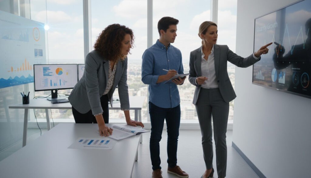 A modern office environment with a diverse group of three professionals analyzing performance data on large computer screens. In the foreground, a middle-aged woman in a business suit points at a colorful graph on a digital display, while a young man in smart casual attire takes notes on a tablet. Beside them, a woman with curly hair in a blazer examines a report with performance metrics laid out on a sleek table. The background features a high-tech workspace with bright lighting, large windows showcasing a city skyline, and various charts and data visuals projected around the room. The atmosphere is focused and collaborative, illustrating teamwork and analytical thinking. The image is captured with a shallow depth of field to emphasize the subjects and their engagement in the analysis process. A modern office environment with a diverse group of three professionals analyzing performance data on large computer screens. In the foreground, a middle-aged woman in a business suit points at a colorful graph on a digital display, while a young man in smart casual attire takes notes on a tablet. Beside them, a woman with curly hair in a blazer examines a report with performance metrics laid out on a sleek table. The background features a high-tech workspace with bright lighting, large windows showcasing a city skyline, and various charts and data visuals projected around the room. The atmosphere is focused and collaborative, illustrating teamwork and analytical thinking. The image is captured with a shallow depth of field to emphasize the subjects and their engagement in the analysis process.