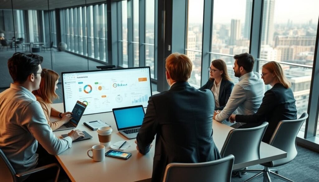 A modern office environment with a focus on optimizing development workflows. In the foreground, a diverse group of professionals in smart casual attire, collaborating around a sleek, high-tech conference table with laptops and digital devices, showcasing charts and data. The middle ground features a large interactive screen displaying workflow diagrams and productivity tools, while notes and coffee cups are scattered on the table, adding a casual yet productive atmosphere. The background consists of glass walls revealing a vibrant cityscape, symbolizing innovation. Soft, natural lighting floods the space through large windows, creating an inspiring and energetic mood, captured from a slightly elevated angle to highlight the teamwork and engagement. A modern office environment with a focus on optimizing development workflows. In the foreground, a diverse group of professionals in smart casual attire, collaborating around a sleek, high-tech conference table with laptops and digital devices, showcasing charts and data. The middle ground features a large interactive screen displaying workflow diagrams and productivity tools, while notes and coffee cups are scattered on the table, adding a casual yet productive atmosphere. The background consists of glass walls revealing a vibrant cityscape, symbolizing innovation. Soft, natural lighting floods the space through large windows, creating an inspiring and energetic mood, captured from a slightly elevated angle to highlight the teamwork and engagement.
