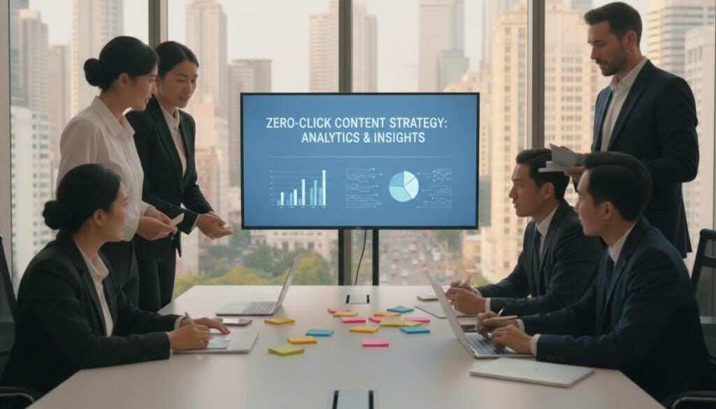 A modern office environment with a large, sleek conference table set at the forefront, where a diverse group of professionals, dressed in smart business attire, are engaged in a brainstorming session. Colorful sticky notes and digital devices scatter the table, symbolizing creativity and collaboration. In the middle ground, a large digital screen displays graphical analytics and insights related to a zero-click content strategy, glowing softly to highlight the importance of data-driven decisions. The background features a panoramic view of a bustling city skyline through glass windows, bathed in warm daylight, creating a vibrant and motivated atmosphere. The image should be well-lit, emphasizing clarity and focus, while maintaining a clean and minimalistic aesthetic.