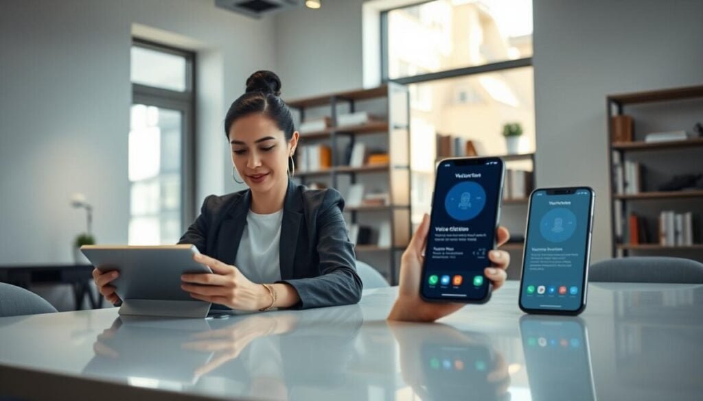 A modern office environment with a sleek, minimalist design. In the foreground, a professional-looking woman in smart casual attire sits at a polished desk, using a dictation software on a tablet, her expression focused and engaged. To her right, a smartphone displays a responsive voice assistant interface. In the middle, a large window allows natural light to pour in, illuminating the room and creating a warm atmosphere. In the background, shelves filled with books and tech gadgets add a sense of professionalism. Soft, ambient lighting complements the natural light, creating a calm and productive mood. The overall scene should convey a sense of innovation and collaboration in communication technology, highlighting the integration of voice dictation features in everyday work life.