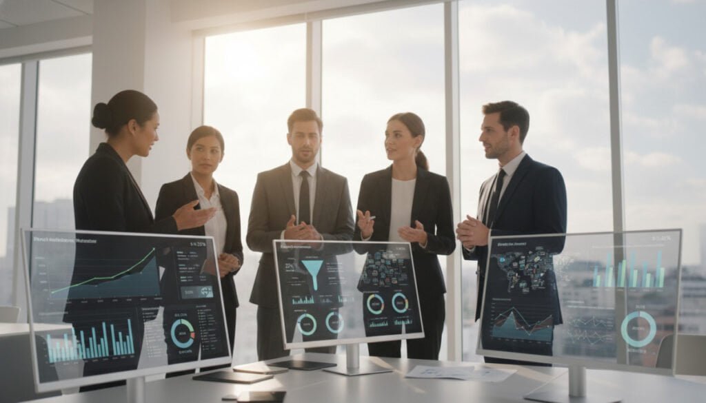 A modern office environment with multiple digital dashboards displayed on sleek monitors. In the foreground, a diverse group of professionals in business attire is engaged in a discussion, analyzing the colorful graphs and metrics shown on the screens. The middle layer features clear and detailed dashboards filled with dynamic charts, performance indicators, and key metrics related to marketing performance. The background showcases a minimalist office design with large windows allowing natural light to illuminate the space, creating a bright and productive atmosphere. The scene conveys a sense of collaboration and insightfulness, reflecting the hidden factors that impact business performance, highlighted by soft focus and a slight tilt angle to enhance depth.