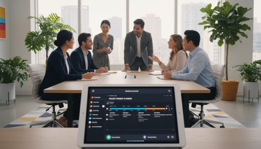 A modern office meeting scene depicting a diverse group of professionals, including both men and women of various ethnicities, engaging actively in a collaborative discussion around a large conference table. In the foreground, there is a sleek digital meeting assistant device displaying a user-friendly interface. The middle layer showcases individuals in professional business attire—suits, blouses, and smart casual wear—leaning forward, showing interest and enthusiasm, while taking notes and sharing ideas. In the background, large windows let in soft natural light, illuminating a bright, modern office space filled with greenery and contemporary decor, creating an inviting atmosphere. The overall mood is focused and collaborative, emphasizing inclusivity and engagement in teamwork.