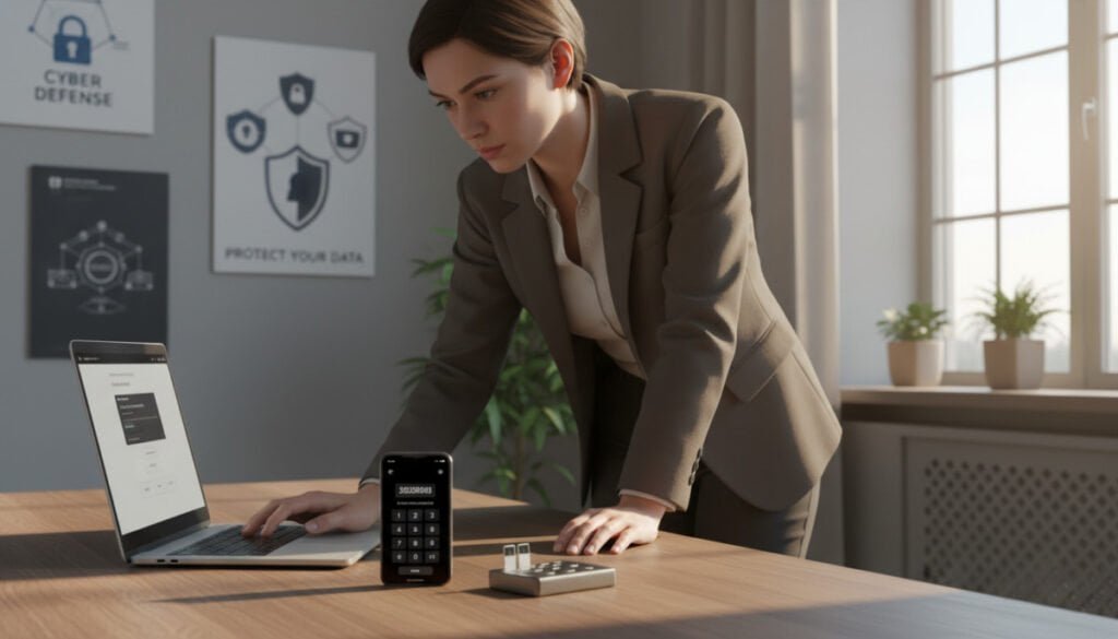 A modern office scene featuring a secure computer setup that symbolizes two-factor authentication. In the foreground, a sleek laptop displays a login screen with a numeric keypad next to it for two-factor authentication input. A professional individual, dressed in smart business attire, is cautiously entering a code with a focused expression. In the middle, the desk is adorned with security-themed items like a smartphone displaying a verification app and a secure keys organizer. The background includes a soft-focus wall adorned with cybersecurity posters and a window letting in warm, natural light that creates an inviting atmosphere. The overall mood conveys a sense of security and vigilance while emphasizing the importance of protecting online accounts against potential threats.