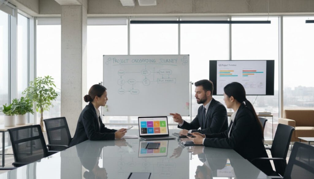 A modern office scene showcasing project management onboarding in action. In the foreground, a diverse group of professionals—two women and a man—are engaged in a collaborative discussion, all wearing smart business attire. They are gathered around a sleek conference table with a laptop open, displaying a colorful onboarding dashboard. In the middle ground, a large whiteboard features flowcharts and diagrams illustrating the onboarding process, while a wall-mounted display shows a project timeline. The background includes floor-to-ceiling windows allowing natural light to flood the space, creating a bright and airy atmosphere. The overall mood is dynamic and productive, reflecting a streamlined workflow filled with enthusiasm and cooperation. The scene is captured with a wide-angle lens to emphasize the collaborative environment. A modern office scene showcasing project management onboarding in action. In the foreground, a diverse group of professionals—two women and a man—are engaged in a collaborative discussion, all wearing smart business attire. They are gathered around a sleek conference table with a laptop open, displaying a colorful onboarding dashboard. In the middle ground, a large whiteboard features flowcharts and diagrams illustrating the onboarding process, while a wall-mounted display shows a project timeline. The background includes floor-to-ceiling windows allowing natural light to flood the space, creating a bright and airy atmosphere. The overall mood is dynamic and productive, reflecting a streamlined workflow filled with enthusiasm and cooperation. The scene is captured with a wide-angle lens to emphasize the collaborative environment.