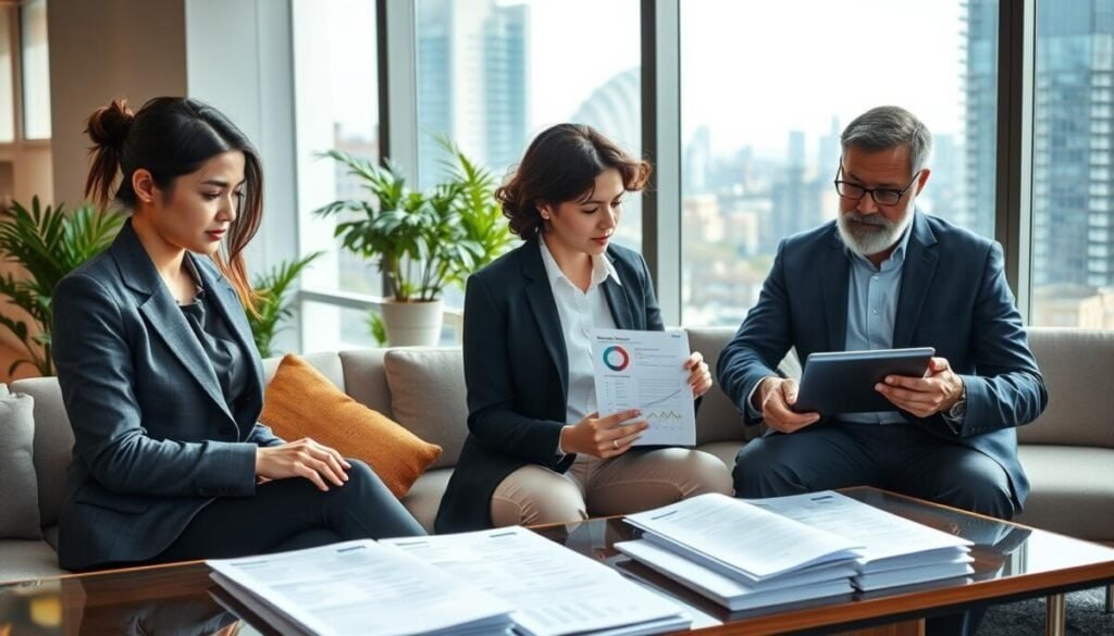 A modern office setting featuring a diverse group of professionals engaged in a job search, showcasing advanced automation tools. In the foreground, a young woman in smart business attire types on a sleek laptop, her focused expression reflecting determination. Beside her, a middle-aged man reviews a digital platform on a tablet, displaying graphs and data on potential job opportunities. The middle ground features a large window with natural light streaming in, illuminating a comfortable lounge area with green plants and a stylish coffee table filled with resumes. The background captures a bustling cityscape visible through the glass, suggesting a world of possibilities outside. The atmosphere is one of hope and ambition, fostered by soft, warm lighting that creates an inviting and professional environment.