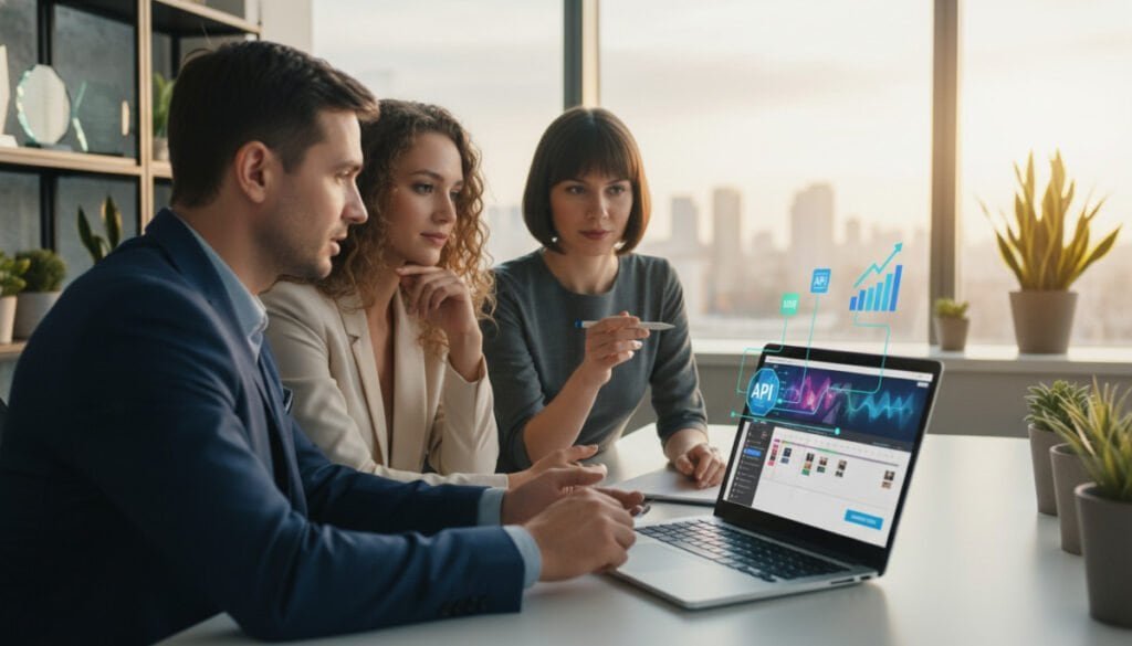 A modern office setting featuring a sleek laptop displaying a vibrant video generation interface, with API access symbols and graphs overlaying the screen. In the foreground, a diverse group of three professionals, one male and two female, attentively discussing the platform, dressed in professional business attire. In the middle ground, a large window reveals a slightly blurred city skyline, softly illuminated by warm afternoon sunlight, creating a collaborative atmosphere. The background contains shelves with awards and plants that add a touch of vitality to the scene. The mood is focused and inspiring, highlighting innovation in video creation technology. The image should be detailed, with soft shadows and balanced lighting to emphasize clarity and professionalism. A modern office setting featuring a sleek laptop displaying a vibrant video generation interface, with API access symbols and graphs overlaying the screen. In the foreground, a diverse group of three professionals, one male and two female, attentively discussing the platform, dressed in professional business attire. In the middle ground, a large window reveals a slightly blurred city skyline, softly illuminated by warm afternoon sunlight, creating a collaborative atmosphere. The background contains shelves with awards and plants that add a touch of vitality to the scene. The mood is focused and inspiring, highlighting innovation in video creation technology. The image should be detailed, with soft shadows and balanced lighting to emphasize clarity and professionalism.