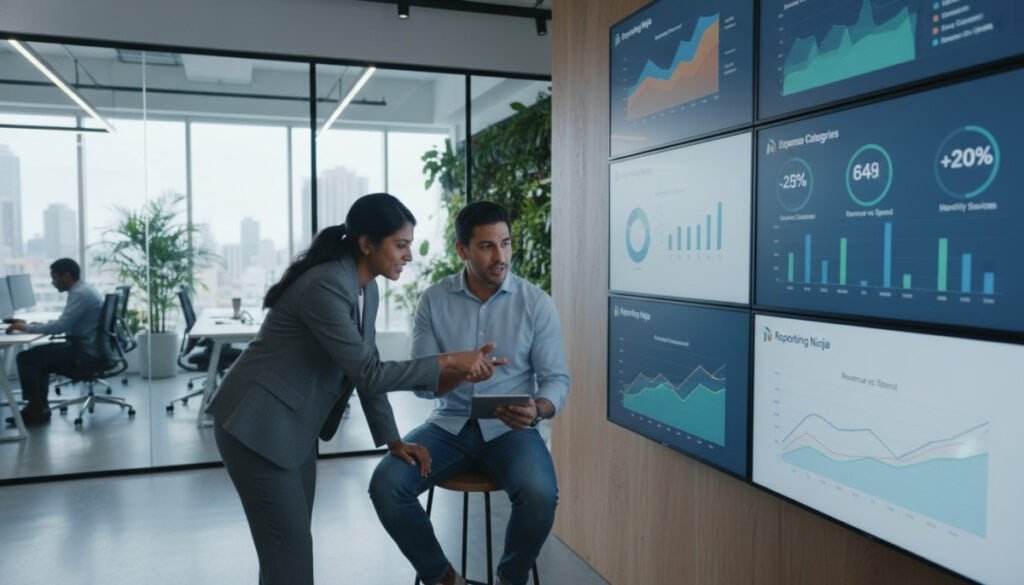 A modern office setting featuring diverse team members analyzing data on multiple Reporting Ninja dashboards. In the foreground, a South Asian woman in professional attire is pointing at a sleek laptop displaying colorful graphs and metrics, while a Hispanic man in smart casual clothing is seated with a tablet, engaged in discussion. In the middle, large screens on the wall showcase vibrant dashboards filled with charts, KPIs, and financial projections, bathed in ambient lighting. The background features a spacious, contemporary office with glass walls and greenery, creating a productive atmosphere. The overall mood exudes collaboration and innovation, emphasizing budget-conscious strategies. Use a wide-angle lens to capture the dynamic environment and focus on the engaging interaction among the team.