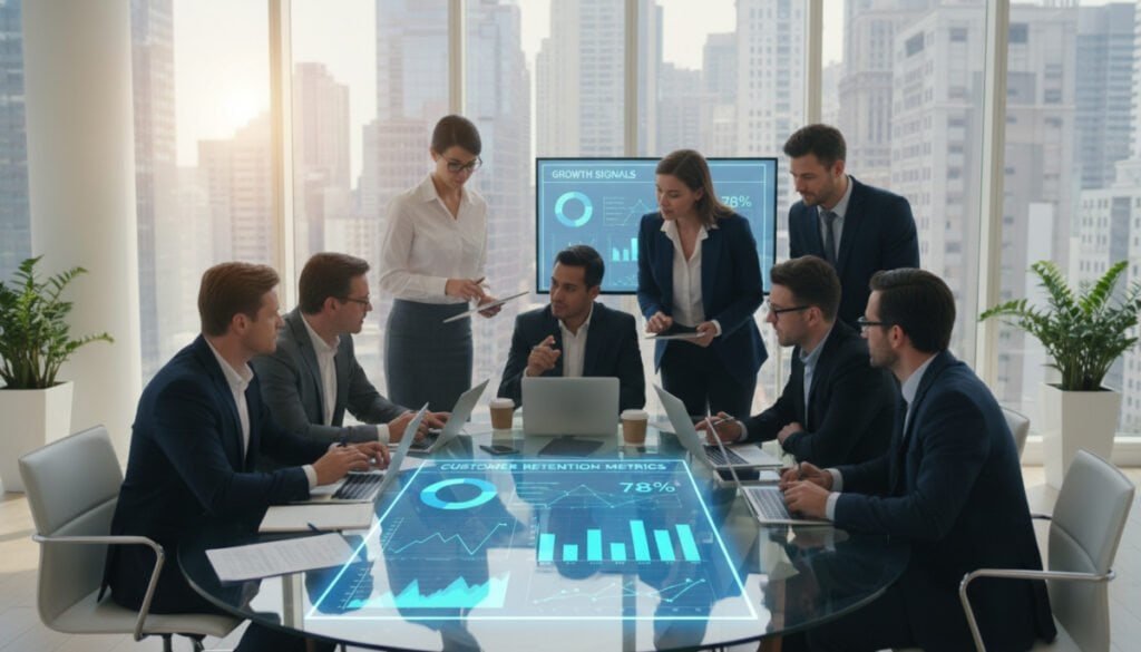 A modern office setting focuses on a large round table with diverse business professionals engaged in a dynamic discussion about customer retention strategies. In the foreground, a close-up of a digital dashboard displays metrics and graphs representing retention signals, such as bar charts and pie charts showcasing customer engagement trends. The middle ground features the professionals, dressed in smart business attire, exchanging ideas and analyzing data on laptops and tablets. The background reveals a large window with city views, letting in natural light that creates an inviting atmosphere. The overall mood is collaborative and innovative, with a color palette featuring blues and greens to emphasize growth and retention concepts, captured from a slightly elevated angle for depth.