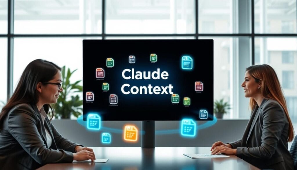 A modern office setting, showcasing a digital interface displaying "Claude Code Context" on a sleek, high-resolution screen. In the foreground, a diverse group of three professionals—one woman with glasses in business attire, one man in a smart-casual outfit, and another woman in a blazer—collaborate around a table, looking engaged as they discuss insights from the screen. The middle layer features various contextual files represented as colorful, floating holographic icons surrounding the screen, symbolizing personalized data points. In the background, large windows reveal a soft, natural light filtering in, creating a warm and inviting atmosphere. The scene conveys a sense of innovation and teamwork, emphasizing a productive and trusting environment.