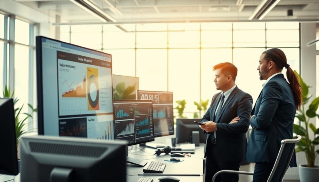 A modern office setting showcasing a digital workspace focused on "index maintenance". In the foreground, a diverse group of three professionals dressed in smart business attire are collaborating over a large screen displaying complex data visualizations and index analytics. The middle ground features sleek computers and a variety of graphs and charts indicating performance metrics. The background consists of a bright, well-lit office with large windows, allowing natural light to illuminate the space, and green plants for a fresh atmosphere. The perspective is slightly angled to emphasize teamwork and technological innovation. The overall mood conveys productivity and advanced problem-solving in a contemporary work environment. A modern office setting showcasing a digital workspace focused on "index maintenance". In the foreground, a diverse group of three professionals dressed in smart business attire are collaborating over a large screen displaying complex data visualizations and index analytics. The middle ground features sleek computers and a variety of graphs and charts indicating performance metrics. The background consists of a bright, well-lit office with large windows, allowing natural light to illuminate the space, and green plants for a fresh atmosphere. The perspective is slightly angled to emphasize teamwork and technological innovation. The overall mood conveys productivity and advanced problem-solving in a contemporary work environment.