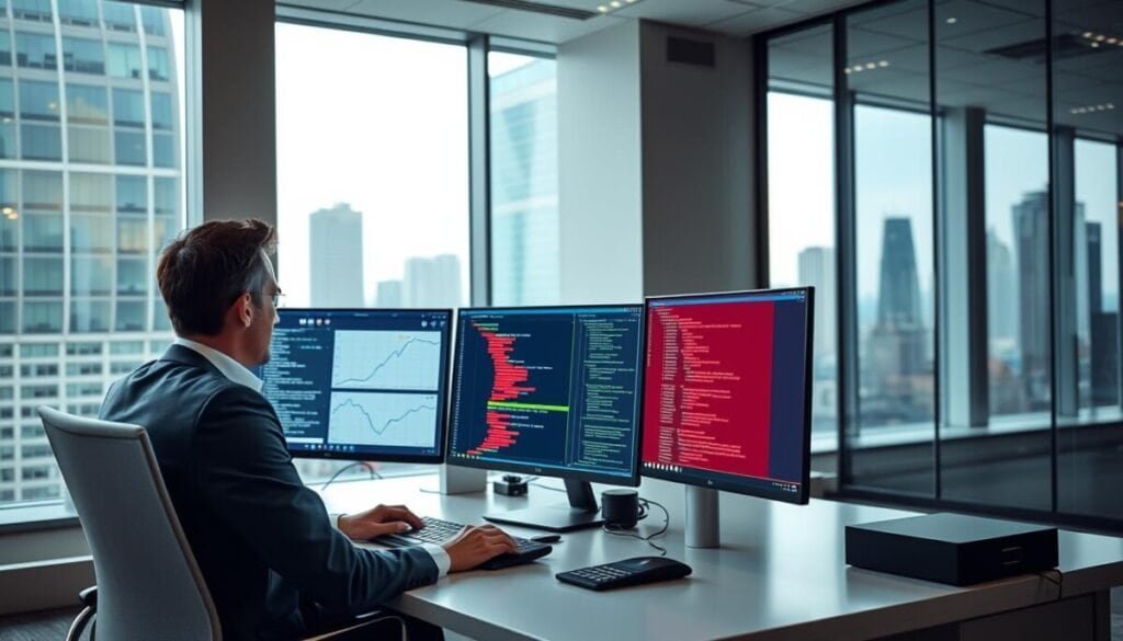 A modern office setting showcasing a professional working at a sleek desk with multiple screens displaying database operations. The foreground features a focused individual, dressed in business attire, intently monitoring data flow graphs and write operations on one screen, while coding on another. The middle ground highlights a high-tech environment with a digital interface showing real-time data analytics. In the background, large windows pour in natural light, reflecting an urban skyline, creating a sense of innovation and productivity. The atmosphere is calm yet intense, illuminated by soft, diffused lighting emphasizing the screens and the individual’s concentration. Shot from a slightly elevated angle to capture both the workspace and the dynamic digital displays, conveying a sense of mastery in managing database operations safely.
