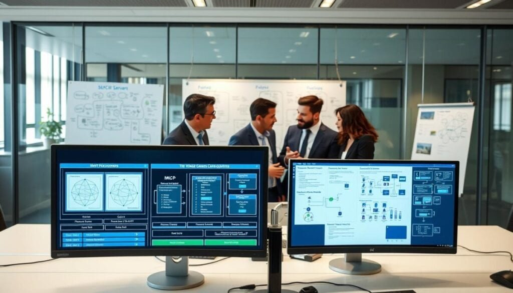A modern office setting showcasing a sleek desk setup with multiple monitors displaying intricate MCP server configurations. In the foreground, a computer screen highlights diagrams and technical documentation related to server access. A professional, ethnically diverse group of business professionals in smart casual attire collaborates, reviewing materials and discussing strategies. The middle ground features a large whiteboard filled with flowcharts and notes on server configurations. The background reveals a glass wall, creating an open atmosphere with soft, natural lighting filtering in, enhancing the focus on teamwork and collaboration. The overall mood is dynamic and focused, capturing the essence of technical precision and teamwork in a vibrant, contemporary workspace.