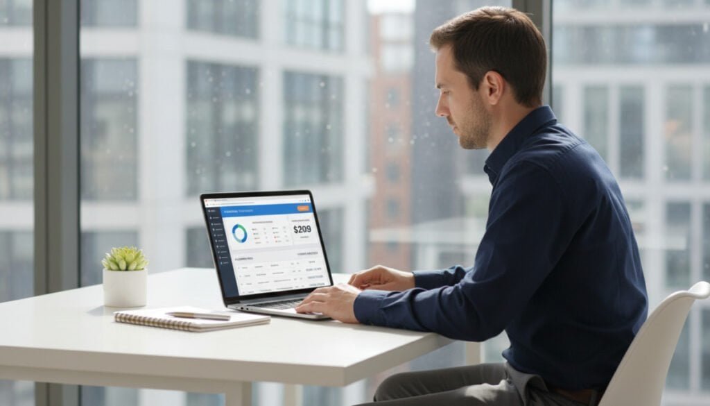 A modern office setting showcasing a sleek desk with a laptop displaying a colorful proposal management software dashboard. In the foreground, a professional individual in smart casual attire is attentively analyzing a digital pricing chart on the screen, emphasizing clarity and importance. The middle ground features a neatly arranged notepad and a pen, alongside a small potted plant to add a touch of warmth. The background hints at a large window with natural light flooding the room, illuminating the workspace and creating a productive atmosphere. The overall mood is focused and professional, representing the evaluation of costs associated with proposal management platforms, capturing the essence of a freelancer or agency's decision-making process. A modern office setting showcasing a sleek desk with a laptop displaying a colorful proposal management software dashboard. In the foreground, a professional individual in smart casual attire is attentively analyzing a digital pricing chart on the screen, emphasizing clarity and importance. The middle ground features a neatly arranged notepad and a pen, alongside a small potted plant to add a touch of warmth. The background hints at a large window with natural light flooding the room, illuminating the workspace and creating a productive atmosphere. The overall mood is focused and professional, representing the evaluation of costs associated with proposal management platforms, capturing the essence of a freelancer or agency's decision-making process.