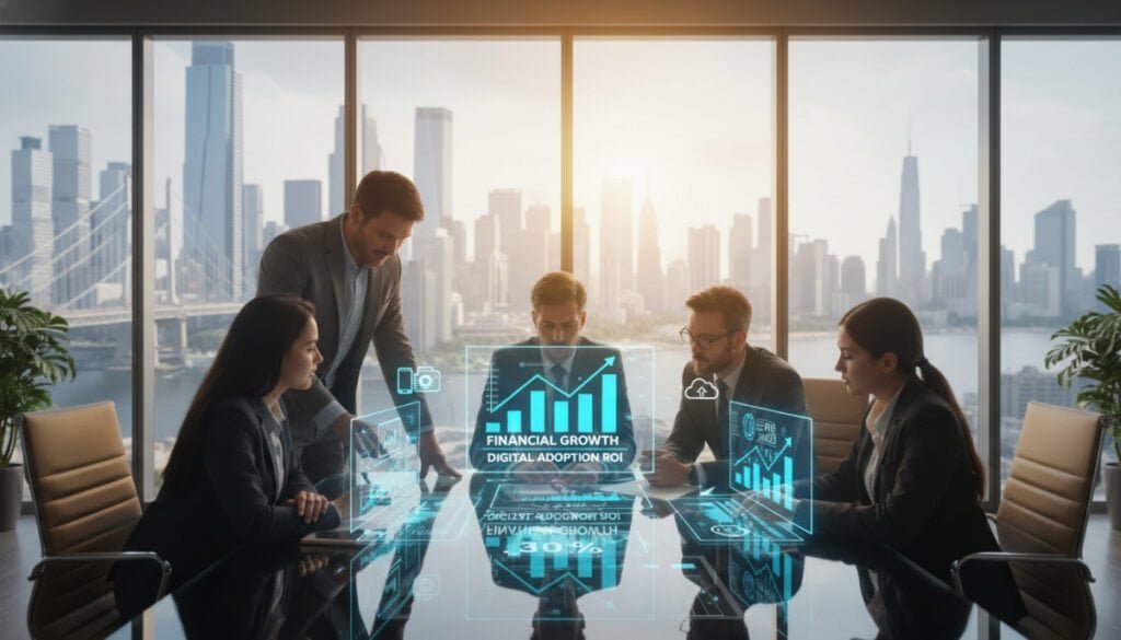 A modern office setting showcasing the financial impact of a digital adoption platform. In the foreground, a diverse group of professionals in business attire engage around a large table, analyzing charts and graphs displayed on digital screens. The middle section features vibrant visuals of upward-trending financial graphs and icons representing technology adoption, such as smartphones and laptops. In the background, large windows reveal a bustling cityscape, symbolizing growth and opportunity. The lighting is bright and warm, creating an optimistic atmosphere, while the camera is angled slightly from above, emphasizing collaboration and strategic planning. The overall mood is focused and dynamic, highlighting the importance of technology in achieving financial success through employee training. A modern office setting showcasing the financial impact of a digital adoption platform. In the foreground, a diverse group of professionals in business attire engage around a large table, analyzing charts and graphs displayed on digital screens. The middle section features vibrant visuals of upward-trending financial graphs and icons representing technology adoption, such as smartphones and laptops. In the background, large windows reveal a bustling cityscape, symbolizing growth and opportunity. The lighting is bright and warm, creating an optimistic atmosphere, while the camera is angled slightly from above, emphasizing collaboration and strategic planning. The overall mood is focused and dynamic, highlighting the importance of technology in achieving financial success through employee training.