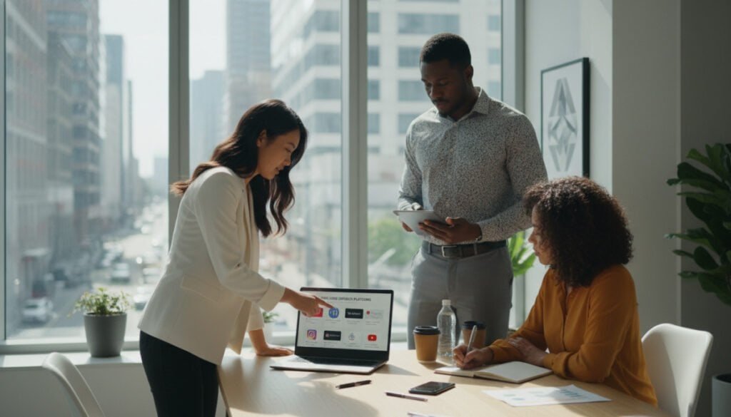 A modern office setting with a diverse group of three professionals engaging in a strategic meeting. In the foreground, a well-dressed woman of Asian descent presents influencer outreach tools on a sleek laptop, with visuals of social media platforms displayed on the screen. The middle ground features a thoughtful man of African descent using a tablet, analyzing data, while a woman of Hispanic descent takes notes with a notepad, radiating focus and collaboration. Soft, natural lighting floods the scene, casting gentle shadows and creating a warm atmosphere. In the background, large windows reveal a bustling cityscape, enhancing the mood of productivity and innovation. The overall ambiance conveys professionalism and effective communication, suitable for scaling brand partnerships.