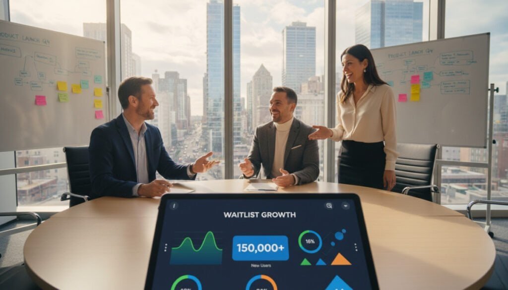 A modern office setting with a group of diverse SaaS founders collaborating around a sleek, round table. In the foreground, show a digital tablet displaying a vibrant waitlist interface, with colorful elements and graphs. In the middle, the founders—two men and a woman—are engaging in a lively discussion, dressed in professional business attire, with a backdrop of a large window revealing a bustling cityscape. Soft, natural lighting filters through the glass, creating a warm and optimistic atmosphere. The background features whiteboards filled with brainstorming ideas and sticky notes, symbolizing innovation in product launches. Capture the mood of excitement and potential success in a contemporary workspace. A modern office setting with a group of diverse SaaS founders collaborating around a sleek, round table. In the foreground, show a digital tablet displaying a vibrant waitlist interface, with colorful elements and graphs. In the middle, the founders—two men and a woman—are engaging in a lively discussion, dressed in professional business attire, with a backdrop of a large window revealing a bustling cityscape. Soft, natural lighting filters through the glass, creating a warm and optimistic atmosphere. The background features whiteboards filled with brainstorming ideas and sticky notes, symbolizing innovation in product launches. Capture the mood of excitement and potential success in a contemporary workspace.