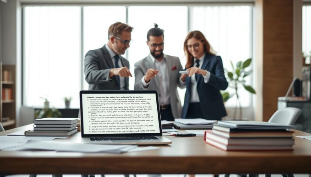 A modern office setting with a large desk at the foreground, covered in papers, books, and a laptop displaying a text document filled with generic sentence structures. In the middle ground, a diverse group of three professionals in business attire—two men and one woman—are engaging in a collaborative discussion, pointing to the screen and highlighting areas to refine. The background features a large window with soft, natural light streaming in, illuminating the room and creating a bright, inspiring atmosphere. The overall mood should convey focus and creativity, emphasizing the human element in revising and humanizing written content, with a slight blur on the background to maintain attention on the professionals and their collaborative efforts. A modern office setting with a large desk at the foreground, covered in papers, books, and a laptop displaying a text document filled with generic sentence structures. In the middle ground, a diverse group of three professionals in business attire—two men and one woman—are engaging in a collaborative discussion, pointing to the screen and highlighting areas to refine. The background features a large window with soft, natural light streaming in, illuminating the room and creating a bright, inspiring atmosphere. The overall mood should convey focus and creativity, emphasizing the human element in revising and humanizing written content, with a slight blur on the background to maintain attention on the professionals and their collaborative efforts.